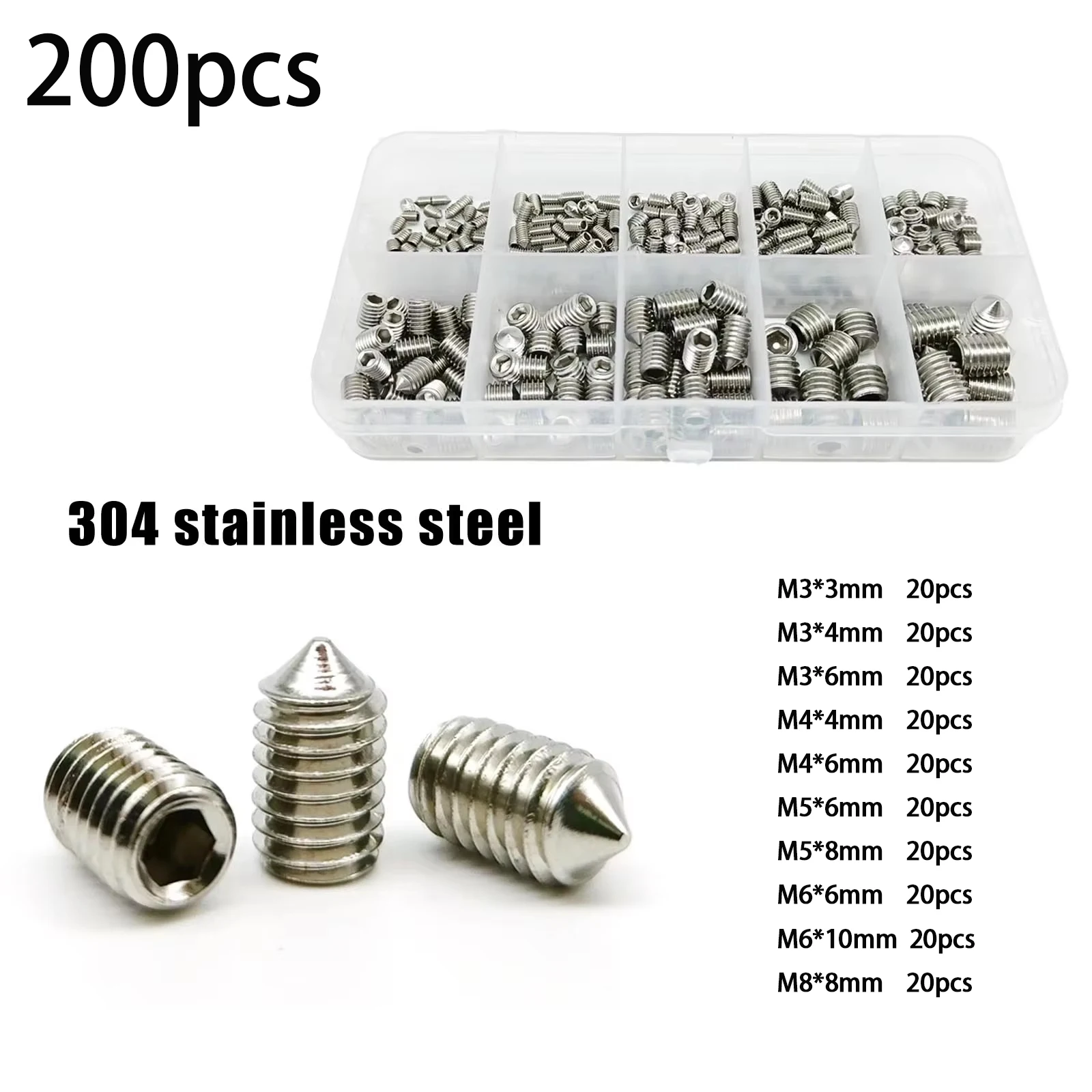 200Pcs Headless Hex Socket Screws, Stainless Steel Pointed Fastening Screws, Suitable For Home Repair, Small DIY Projects