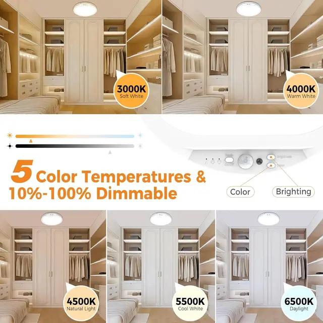 Rechargeable Motion Sensor Ceiling Light with Remote, 5 Color Magnetic Wireless Ceiling Light Battery Powered, Dimmable, Timer, 6