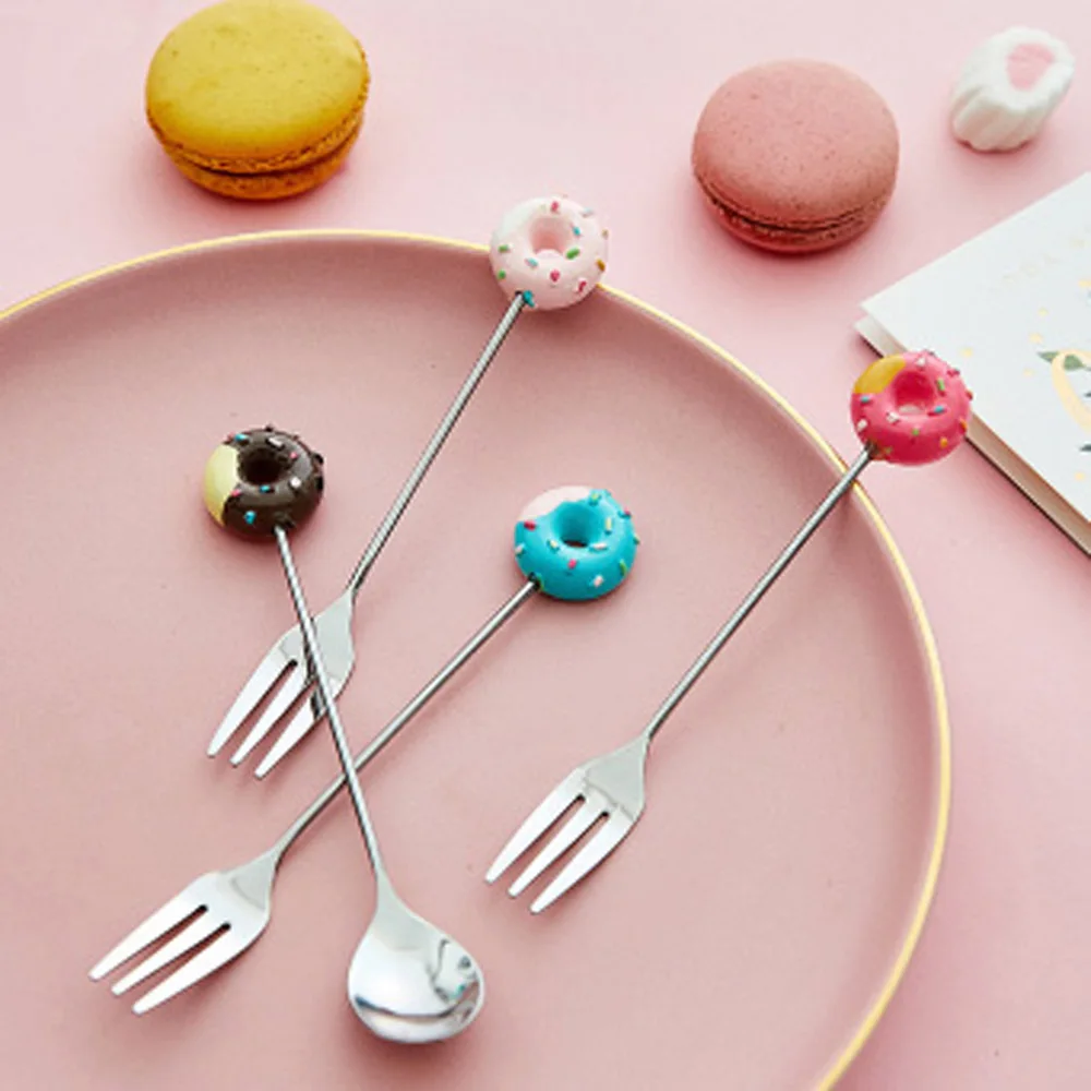 

Stainless Steel Doughnut Spoon Fork Coffee Cake Dessert Tea Ice Cream Cartoon Teaspoon Stirring Candy Cute Kids Dinnerware