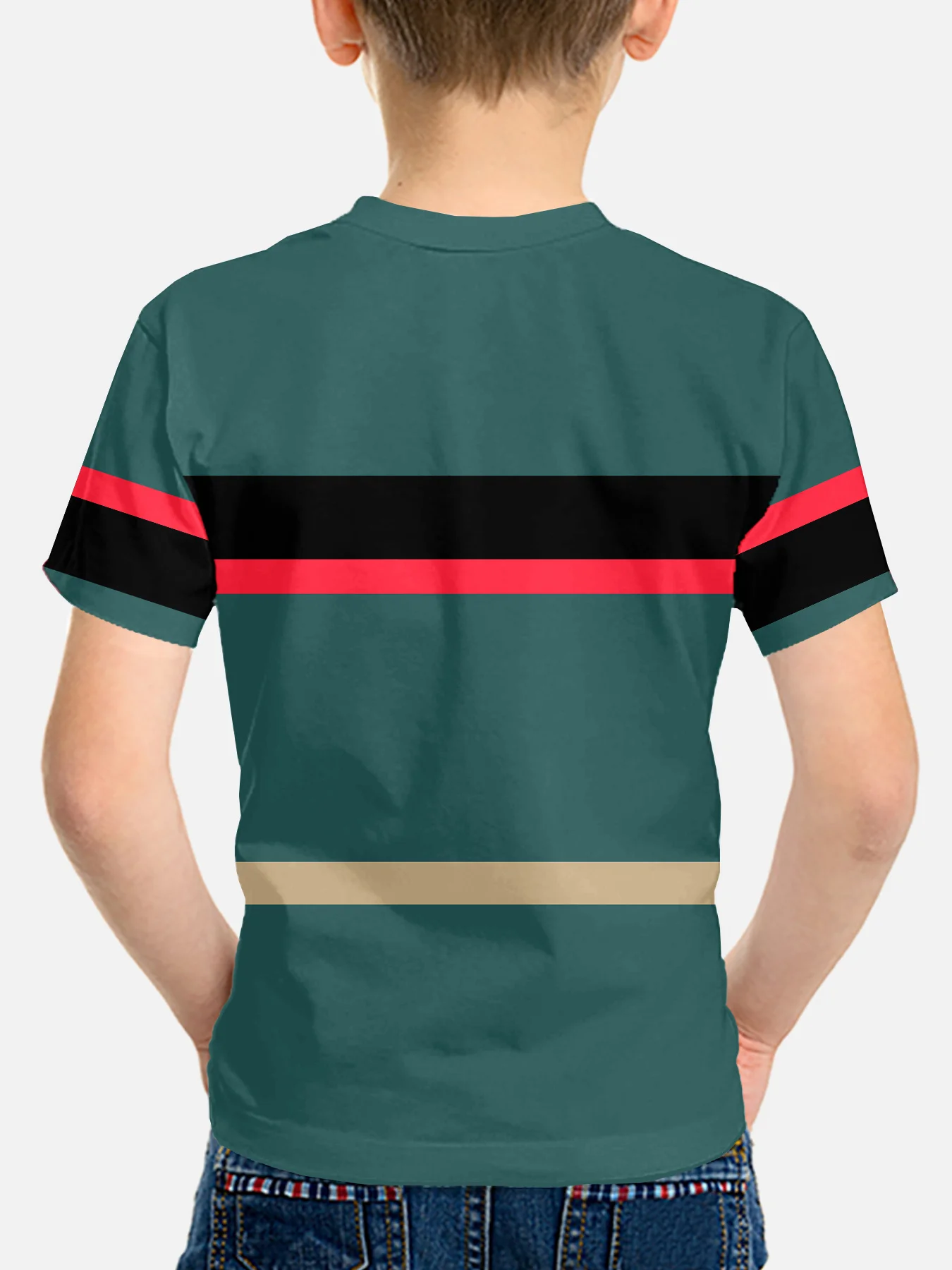 Kids Short Sleeve Crew Neck T-Shirt, Teal Color Block Striped Tee with Eagle Logo, Boys Summer Casual Daily Wear Graphic Top
