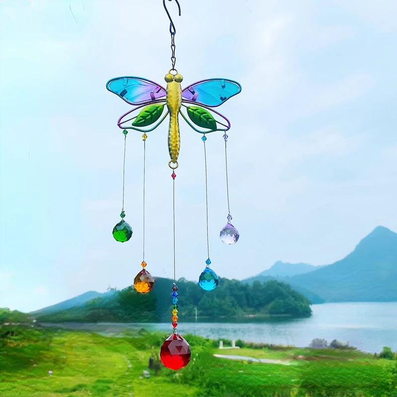 Dragonfly Butterfly Crystal Suncatcher Stained Glass Window Hanging Prism Sun Catcher Garden Indoor Outdoor Wall Art Decoration