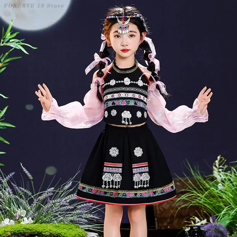 Stroje do chińskich tańców ludowych dla dzieci, tradycyjne ubrania etniczne mniejszości Tujia, ubrania do występów dla dziewcząt i chłopców Miao Zhuang Yi Hani