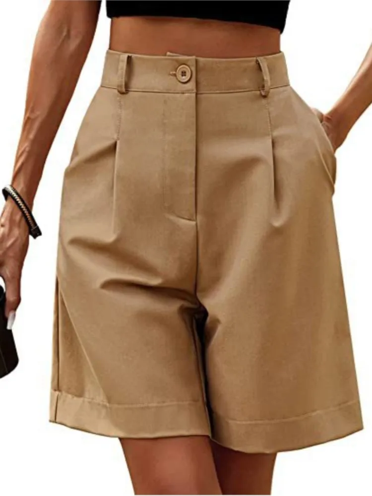 Women Solid High Waist Shorts Summer Fashion New Button Side Pockets  Wide Leg Shorts Office Lady Casual Commuter Work Bottoms