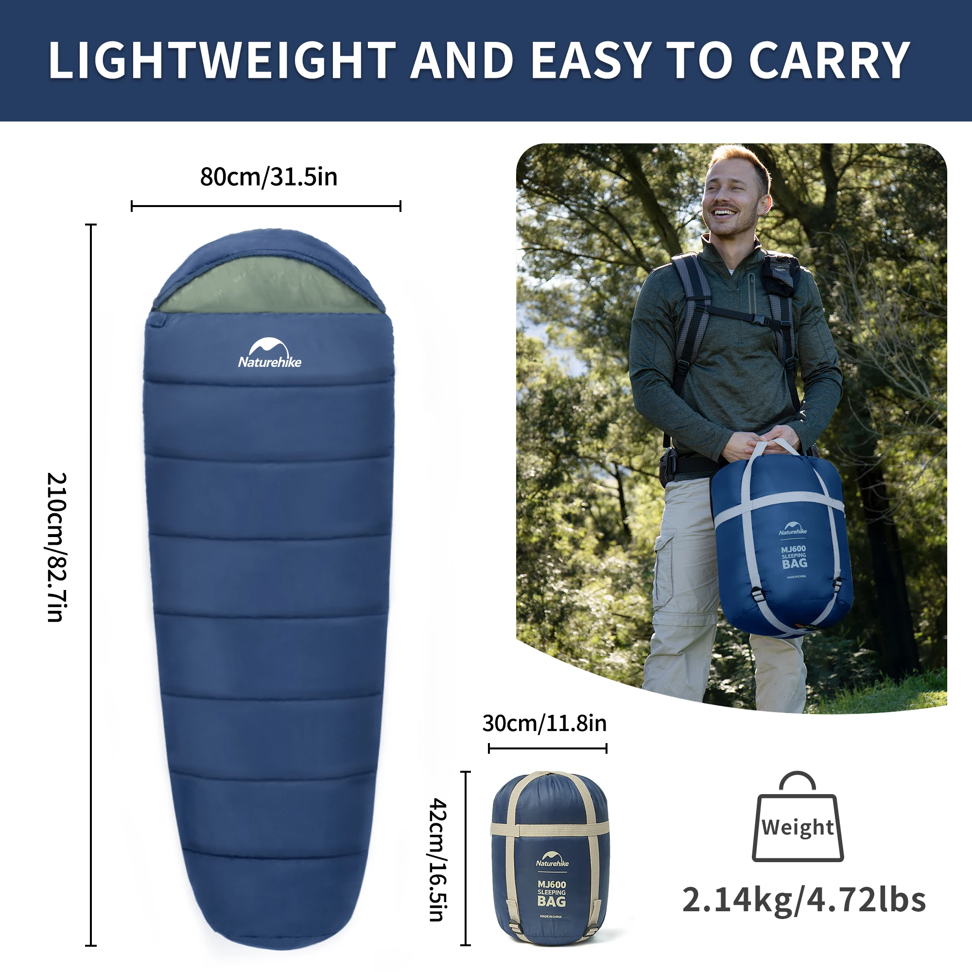 Naturehike-saco de dormir ligero MJ300 MJ600, saco de dormir cálido para momia, saco de dormir de algodón para acampar al aire libre, saco de dormir de invierno