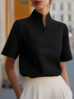 Stand Collar Short Sleeve Blouse Elegant Office Wear Casual Workwear Tops for Women - Image 6