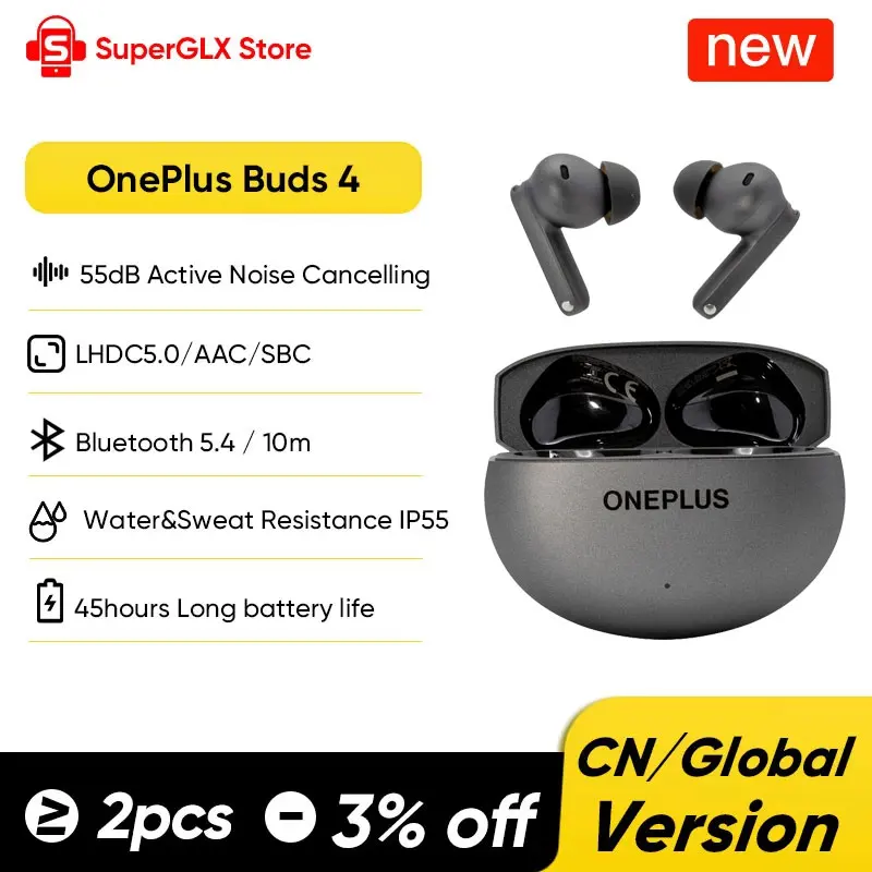

2025 New OnePlus Buds 4 True Wireless AI Call Noise cancelling Earphones 55dB Long Range IP55 Waterproof Portable Earbuds 5.4