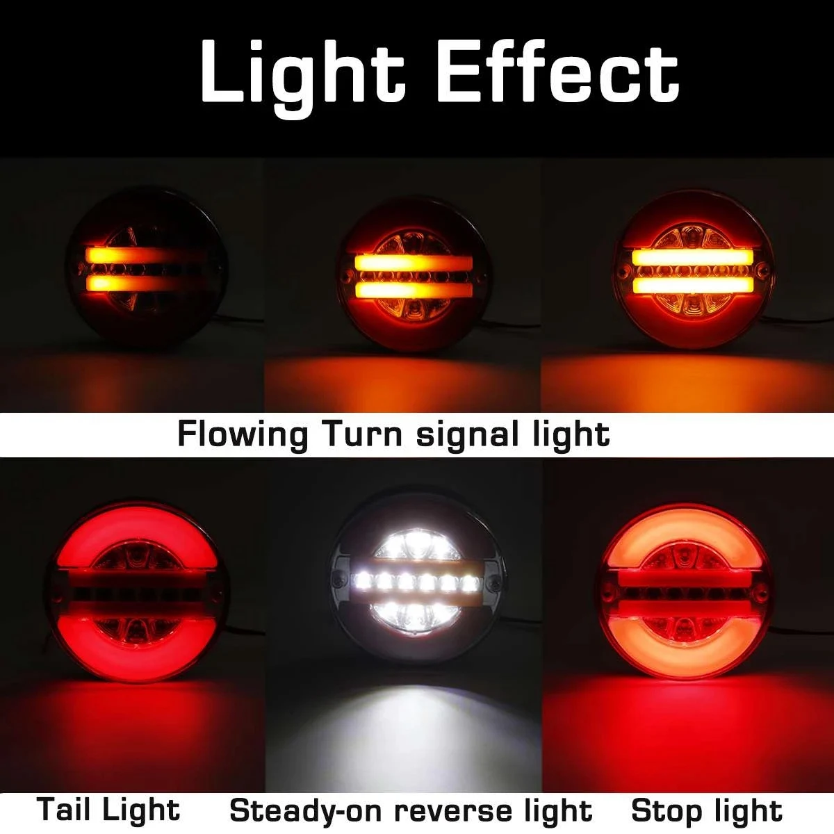 A64P-4 Inch Trailer Dynamic Tail Light 24V LED Truck Brake Light LED Round Water Hamburger For Cars, Boats, Buses, Caravans