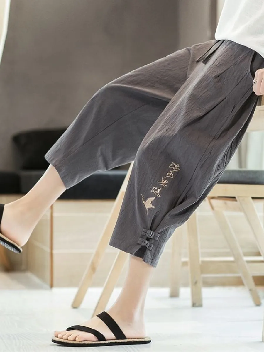 

Loose Cotton Linen Embroidered Men's Casual Pants Seven-Foot Summer Shorts Casual Loose Fit Natural Waist Zipper Fly
