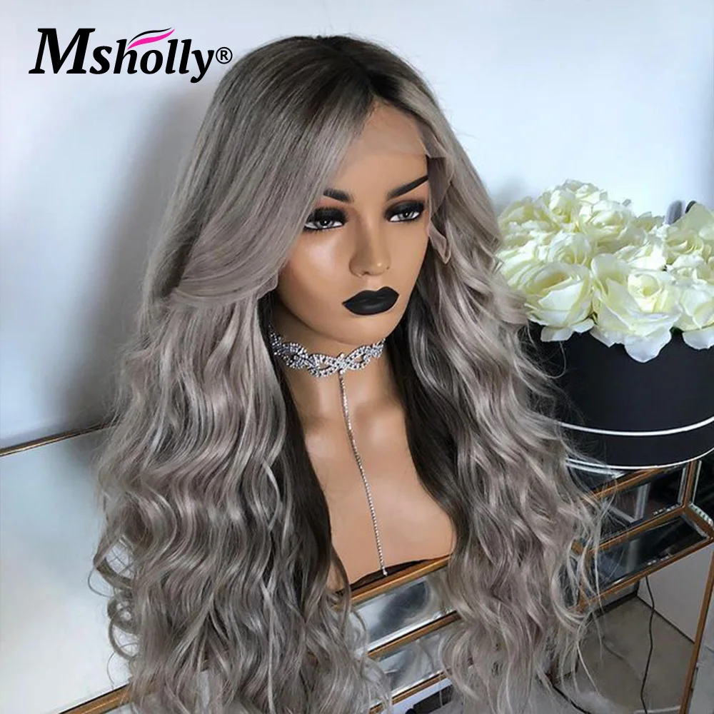 Deep Wave 13X4 Lace Front Human Hair Wig Dark Grey Colored Body Wave Ombre Wig Pre Plucked Grey Human Hair Remy Wig For Women