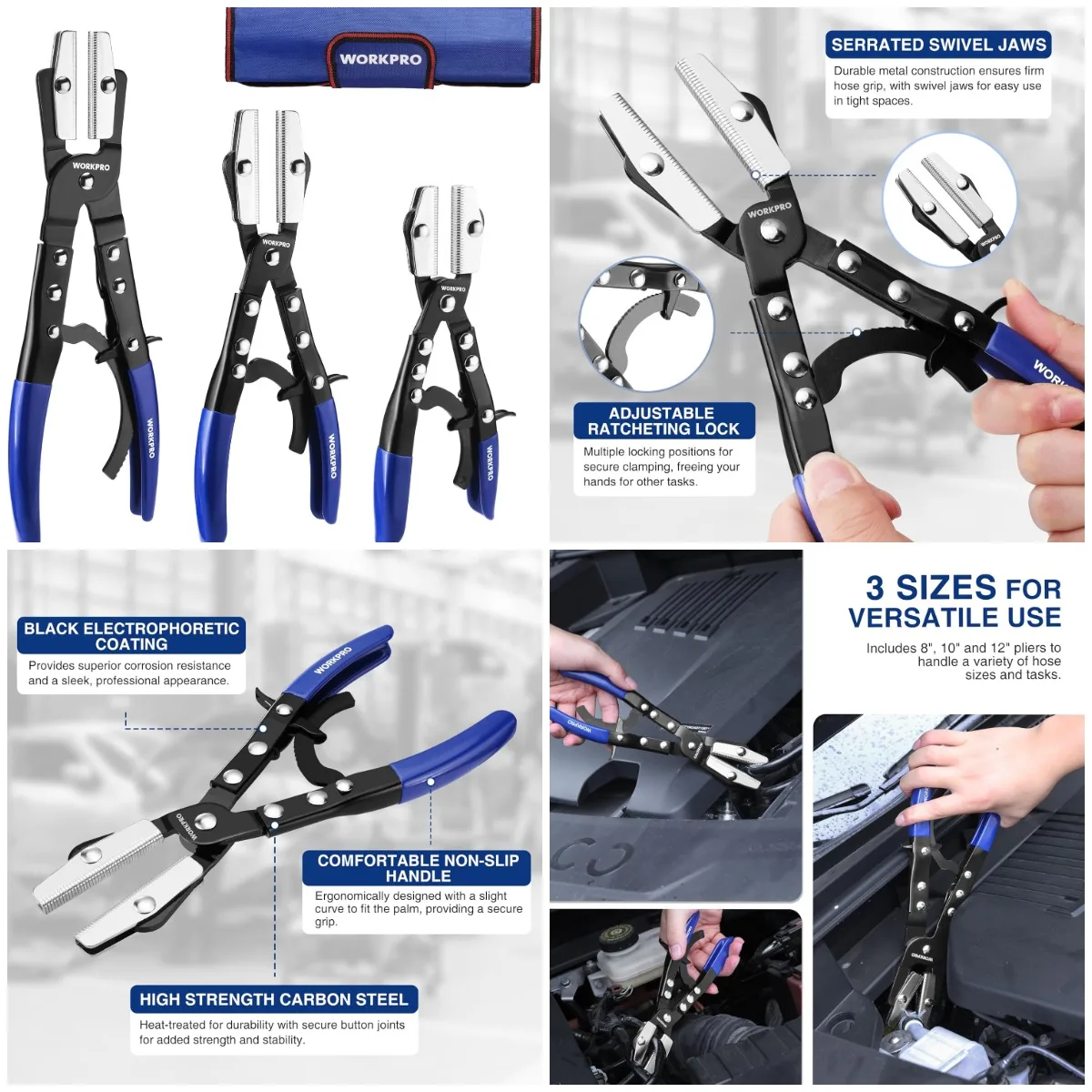 

Набор из трех плоскогубцев для шлангов с храповым механизмом, 8 дюймов, 10 дюймов, 12 футов — фиксация радиатора, топливопровода, с сумкой для хранения