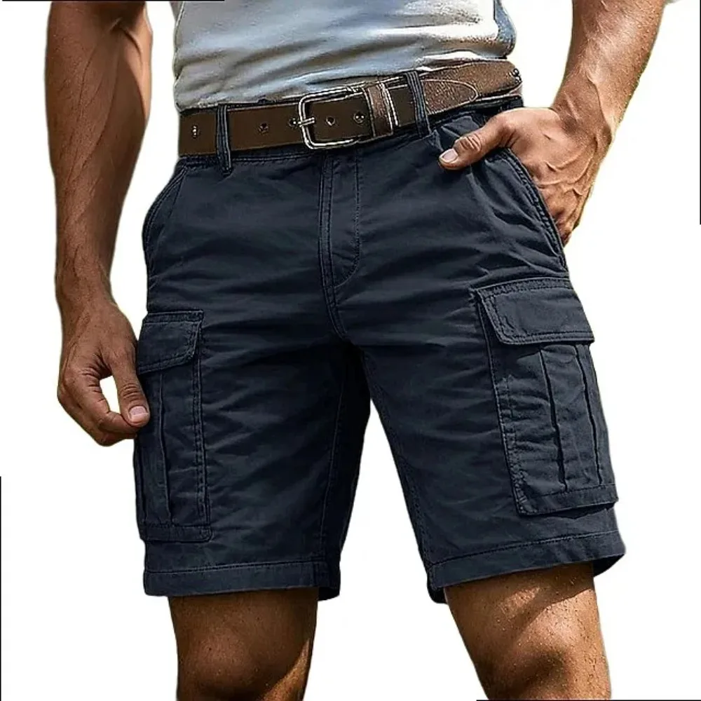 Beach Casual Shorts Men Multi-Pocket Cargo Short Pants Jorts Summer Breathable Loose Straight Solid Color Wear-Resistant Shorts