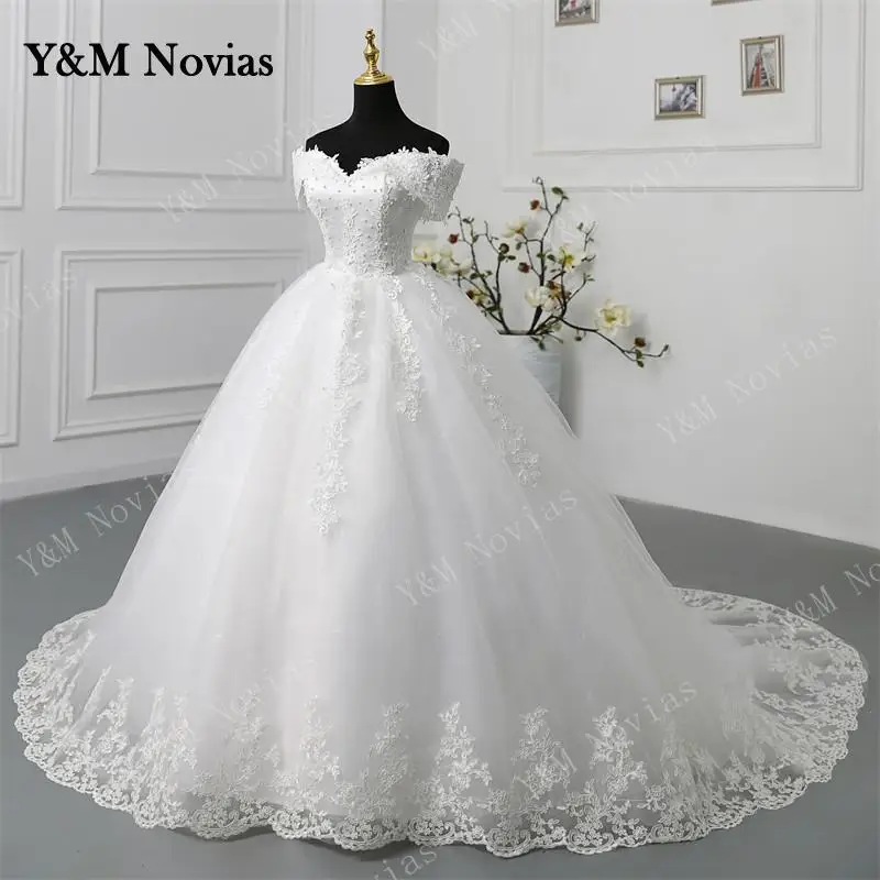 Y&M Customized Off Shoulder Plus Size Vestido De Noiva 2025 Wedding Dress Long Train or Floor Appliqe Pearl Bridal Tulle Mariage