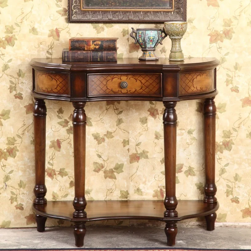 American Console Corridor Side Desk Table Dressing Table Side View Table Hand Painting Half round Table 0.86 M Solid Wood