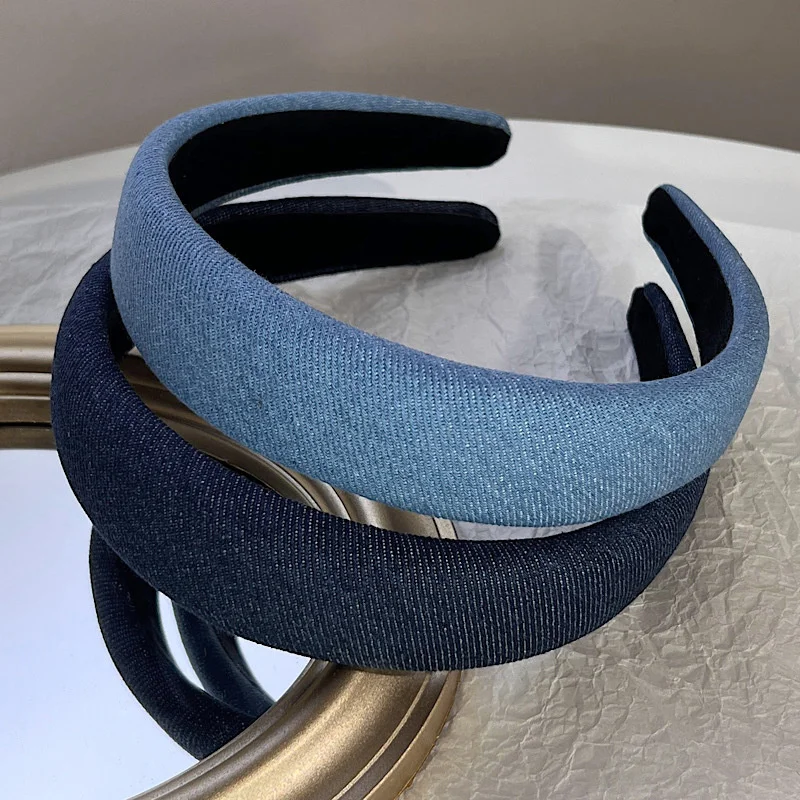 3CM Vintage Denim Cloth Headband Simple Sponge Hairband for Women Girls Shopping Face Wash Headpiece Classic Denim Hair Hoop