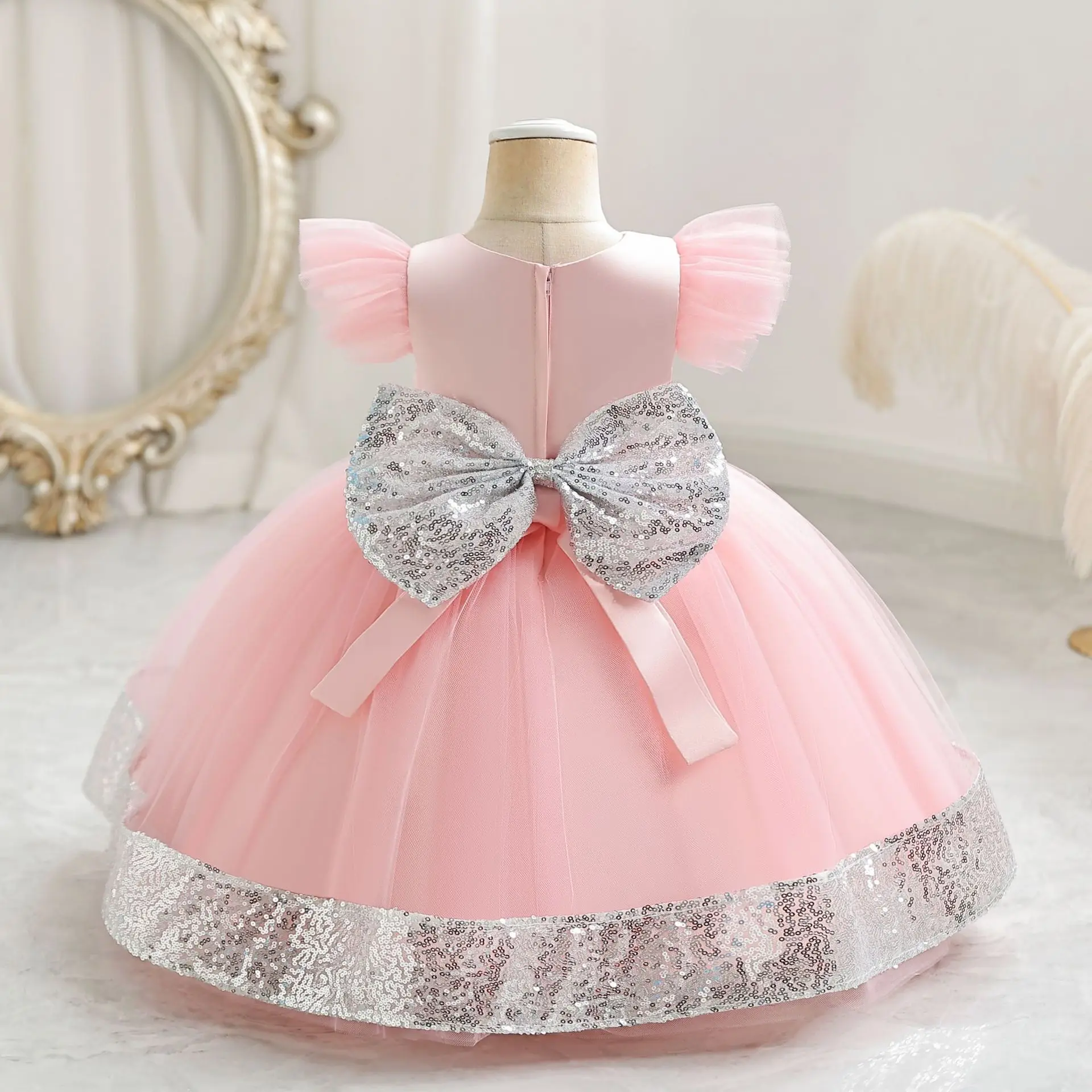 Red Christmas Girl Dresses Puffy Princess Birthday Casual Clothes for Baby Girl Sequins Bow Hem Infant Dress Gown 0-4 Years