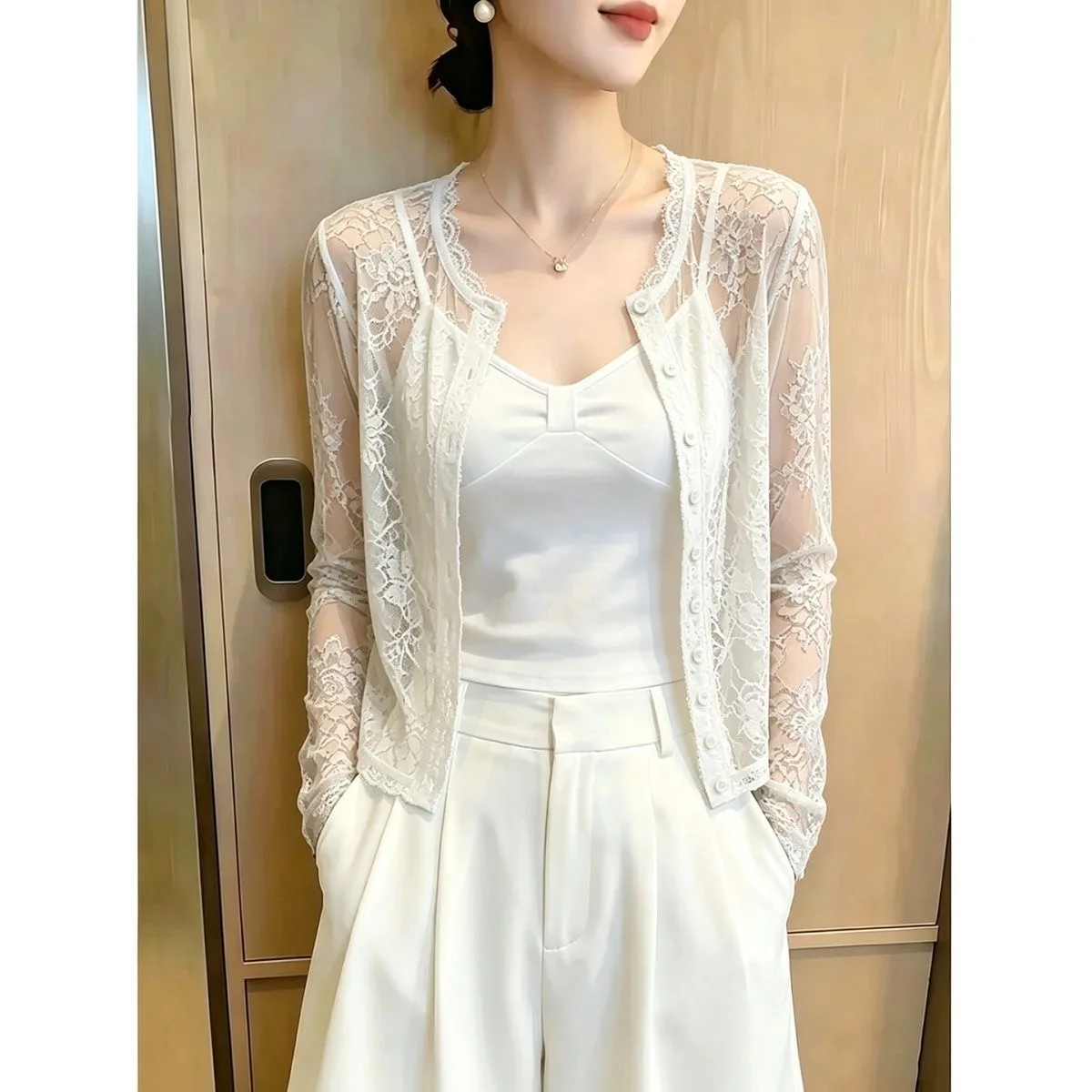 Summer New Style Black Lace Open Cardigan Women's Long Sleeve Lightweight Mesh Transparent Large Size Top Breathable Polyester