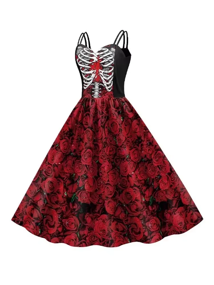 Damen Halloween Skelett-Rosen-Kleid-Set, Day of The Dead Cosplay-Kostüm mit Schleier, Krone und Handschuhen für Karnevalsparty – Detail 3