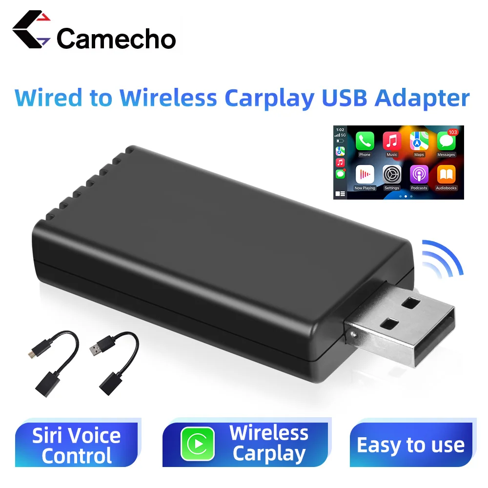 Camecho Original Car Wired to Wireless Carplay Box USB-Adapter Automotive Apple CarPlay & Siri Voice Control