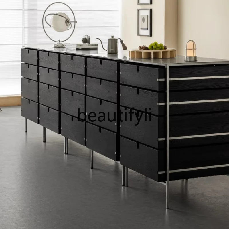 

Ash Wood Chest of Drawers Solid Wood Storage Cabinet Minimalist Stainless Steel Living Room Multi-Functional Cabinet