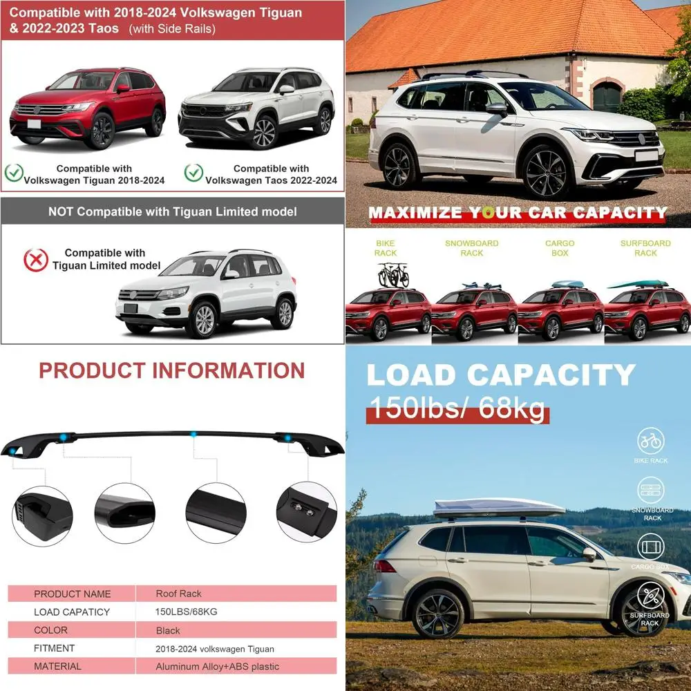 

Алюминиевые поперечины для Volkswagen Tiguan 2018-2026 и Taos 2022-2026, рельсы на крышу для наружного снаряжения черного цвета