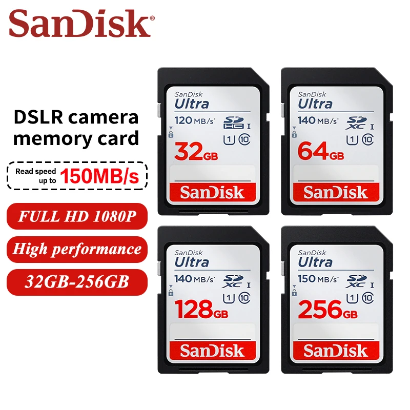 Оригинальная SD-карта SanDisk Ultra UHS-I 32 ГБ 64 ГБ 128 ГБ 256 ГБ 512 ГБ Full HD видеокарта памяти для камеры Макс. 150 Мбит/с Карты памяти