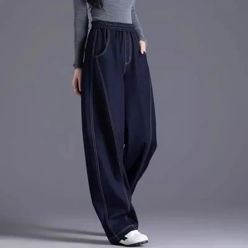 High waisted Women's Casual Jeans 2026 Spring Autumn new Loose Elastic waist Denim Wide leg pants Lady Curved knife Pants
