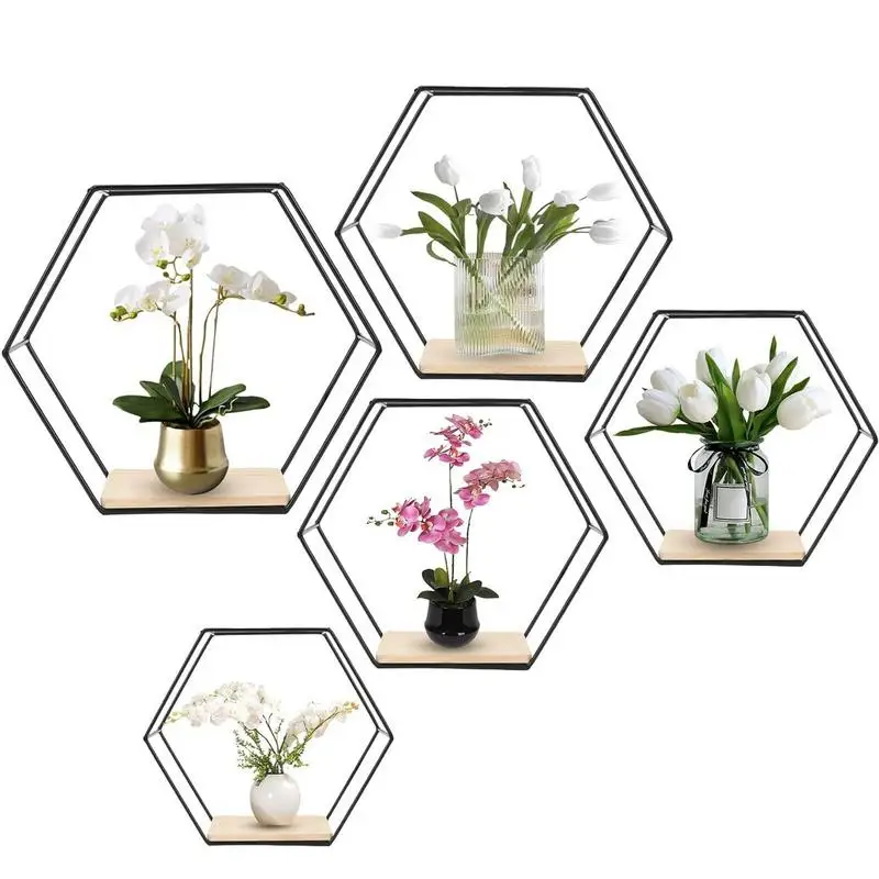 

Floating Shelves 5 Pieces Metal Hexagonal Floating Wall Shelf Modern Different Sizes Storage Rack Decorative Space-Saving Home