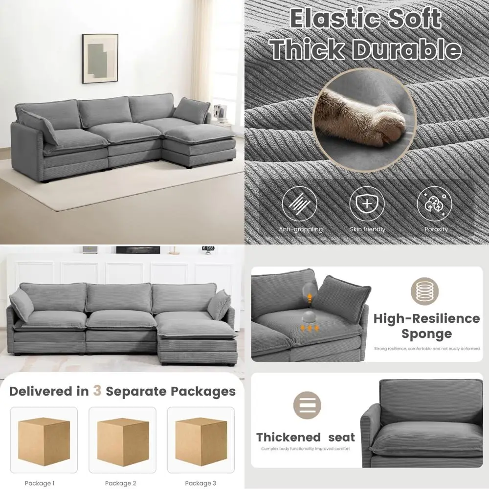 

"large modular sectional sofa with removable ottoman, 112-inch 4-seat modern corduroy set, versatile l-shaped couch"