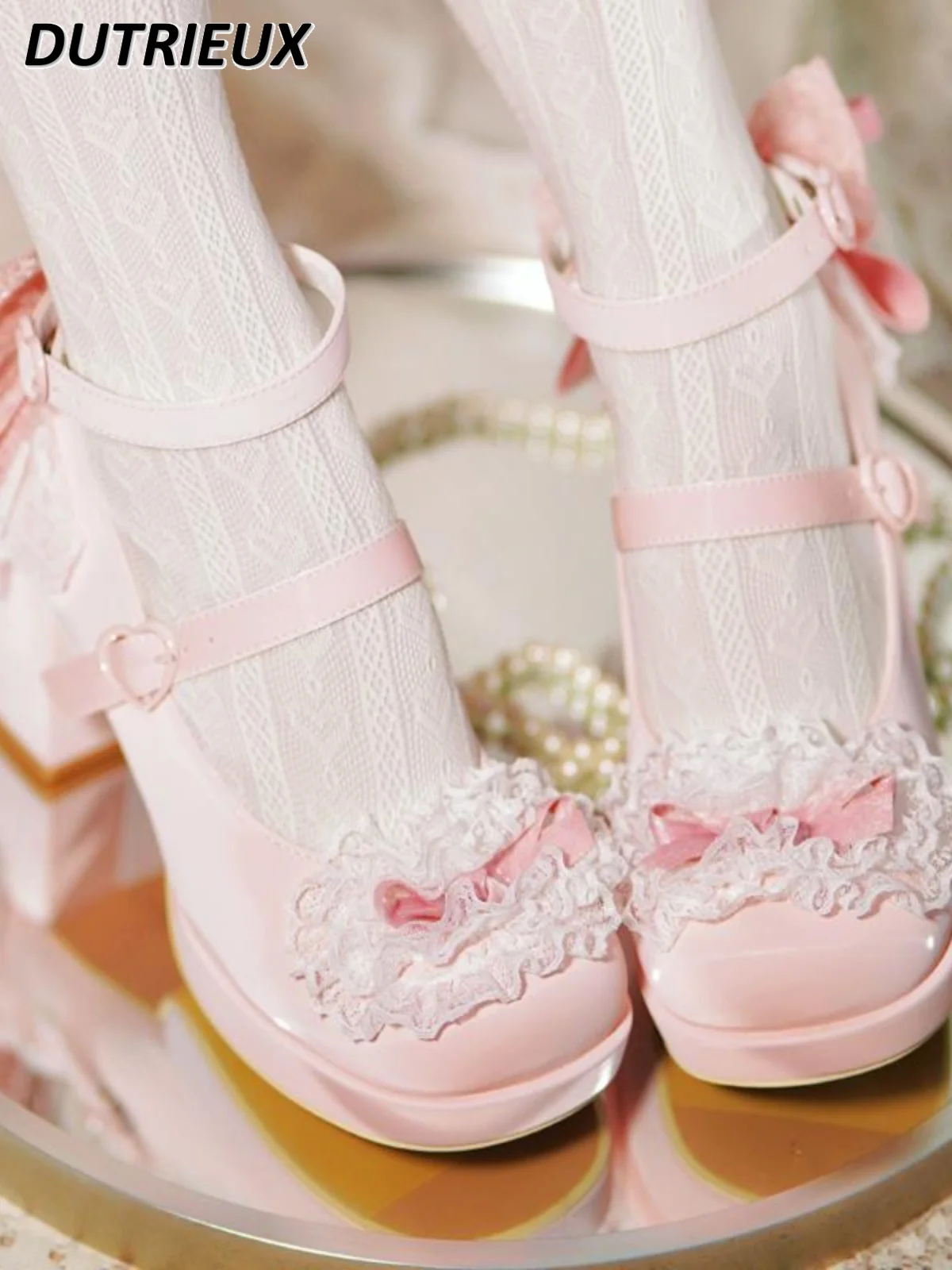 

Lolita Original Lo Модная женская обувь на высоком каблуке с кружевным бантом и квадратным носком, милые и милые элегантные повседневные туфли-лодочки Мэри Джейн для женщин