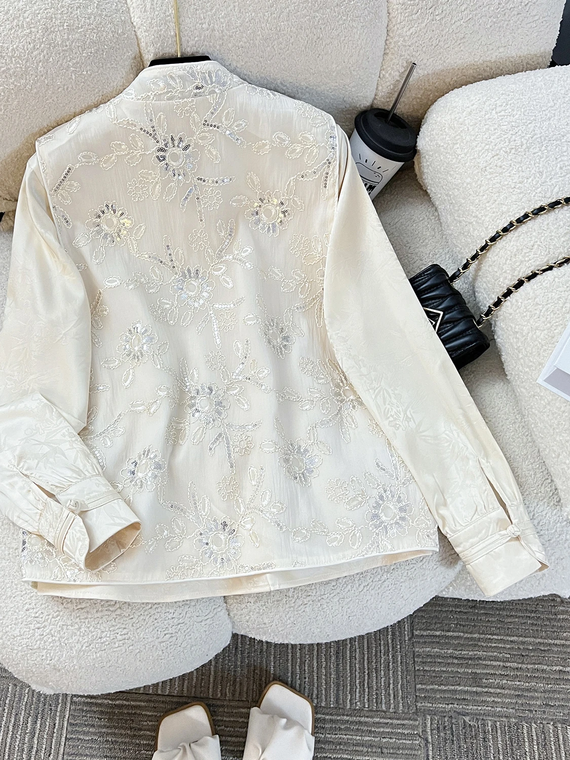 جديد الصينية Sle المطرزة رقيقة Svel الوقوف طوق سترة بال زر القرص العصرية العلوي مستقيم أنبوب pe ربيع 2025 #4