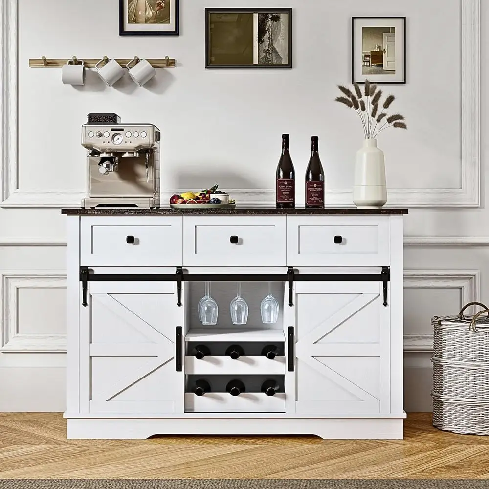

54 Rustic Sliding Barn Door Wine Rack Coffee Buffet Cabinet with Adjustable Shelves, Black & White
