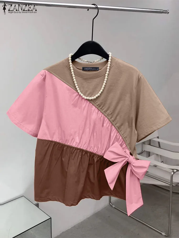 ZANZEA Bow Detail Short Sleeve Blouses Women Casual Color Block O Neck Shirts Korean Fashion Streetwear Patchwork Elegant Blusas