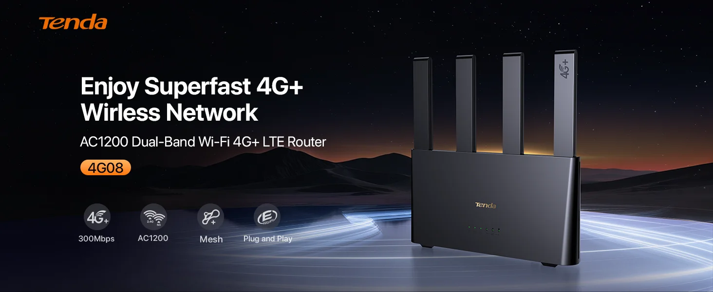 Tenda 4G08 Router 4G+ Con SIM – AC1200 Dual-Band, 4 Antenne, Porta Gigabit E Mesh Wi-Fi+