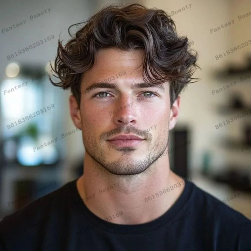 Natural Hairline Men's Toupee Dark Brown Gray Black Undetectable Poly Skin Base Man 100% Human Hair Wigs Replacement Long Last