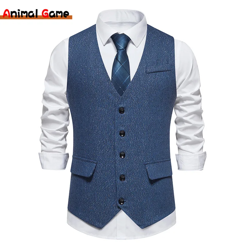 Colete de lã de tweed masculino, colete espinha de arenque, peito único, slim fit, novo