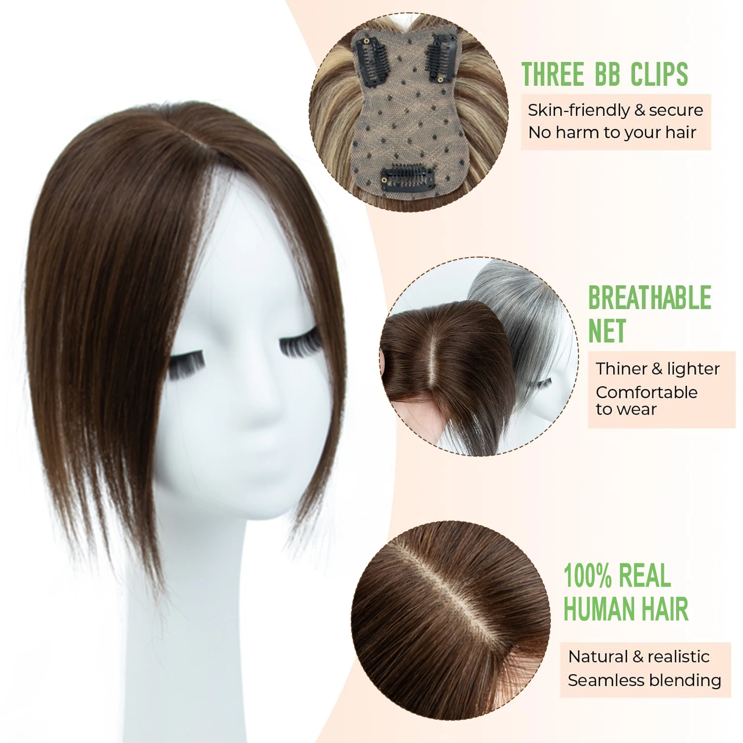 7cm*11cmLace area Real Human Hair Topper for Women Daily 360° 3D Hair Pieces with Thinning Hair  Middle Part Clip in Bangs8