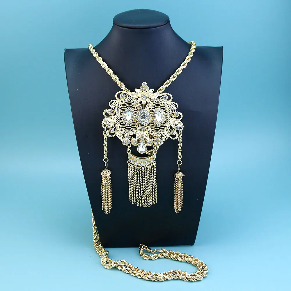 Sunspicems Algeria Women Necklace Long Slide Chain Bride Wedding Jewelry Gold Color Morocco Caftan Chain Metal Tassels Pendant