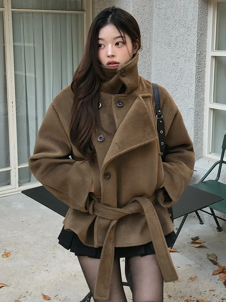 

Retro Woolen Coat Women's ort Button-Up Cotton Lined Belted Stand Collar Thiened Long Sve Winter Commute Sle