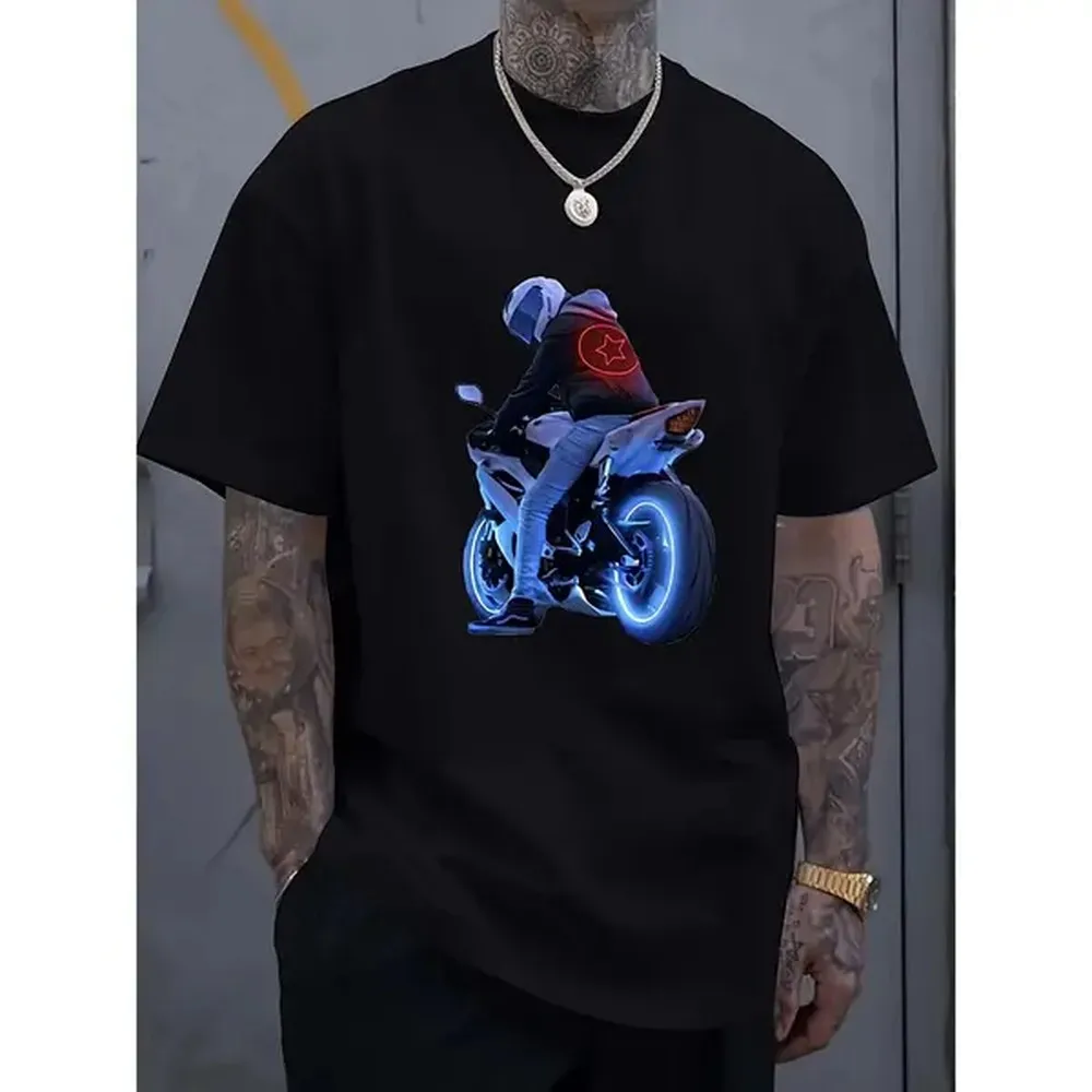 Men's Black Shortsleeve Relaxed Fit Tshirt - Stylish Menswear with Vibrant Blue Glowing Motorcycle Rider Print, Soft Breathable Cotton Fabric, Perfect for Summer Casual Wear & Music Festivals, Modern Casual Glossy Finish