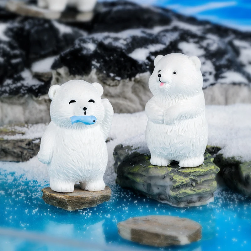 Mini Polar Bear Figurine Cartoon Penguin White Bear Micro Landscape Dollhouse Model Car Interior Ornament Home Desktop Decor