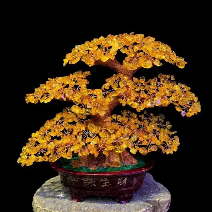 Bring in wealth Good Luck Home Shop Company Money Drawing Yellow crystal Gold Pachira money Tree FENG SHUI  statue talisman