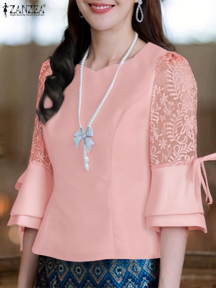 

ZANZEA Elegant 3/4 Sleeve Offce Satin Shirt Women Blouses 2025 Summer Lace Patchwork Tops Fashion Solid Slim Fit Party Blusas