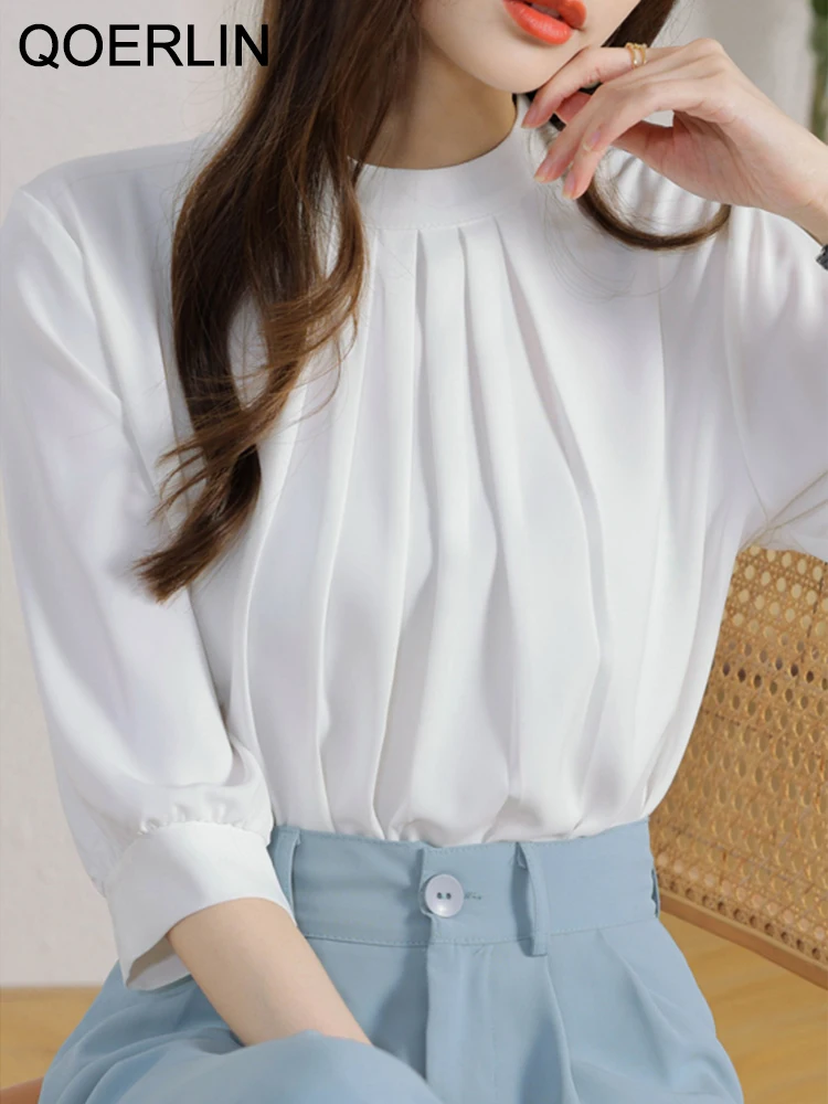 QoerliN Stylish OL White Shirts Women 2023 Spring Fall O Neck 3/4 Sleeve Solid Workwear Formal Tops Blosue Chiffon Shirts Female