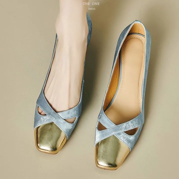 

Women's French Elegant Hollow Square Toe Block Heel Pumps, Blue Gold Cross Strap Vintage Mid Heel Dress Sandals 2026