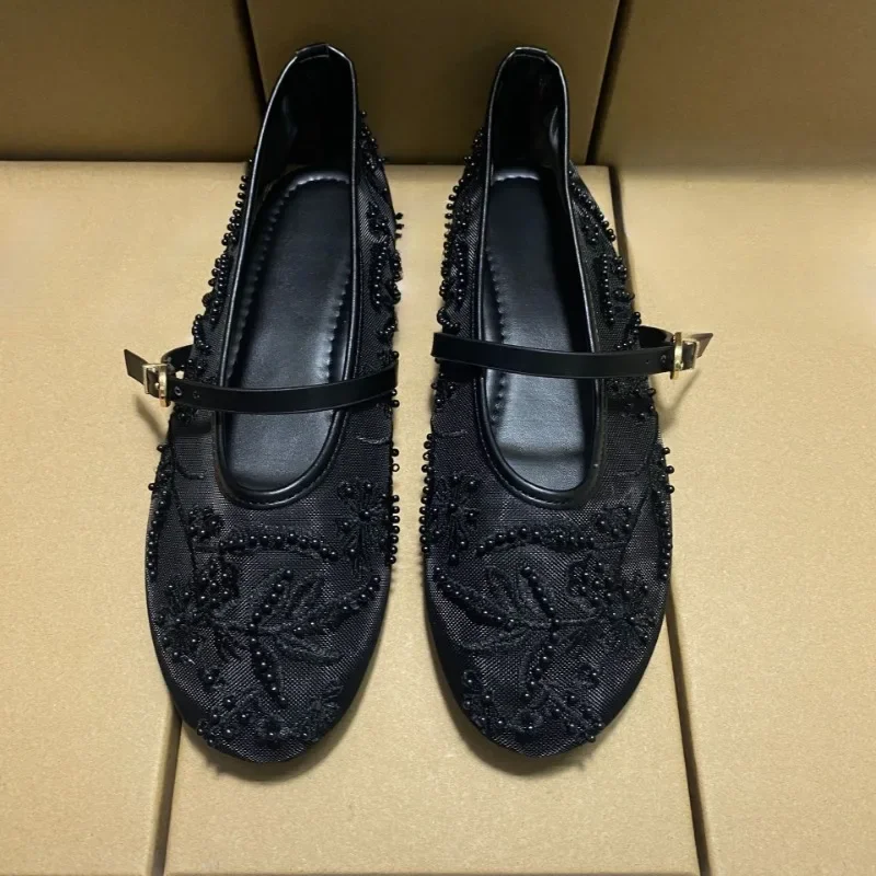

Lace Embroidered Mesh Women Ballet Flats Retro Style Buckle Strap Designer Comfort Light Brand Summer Ladies Mary Jane Shoes