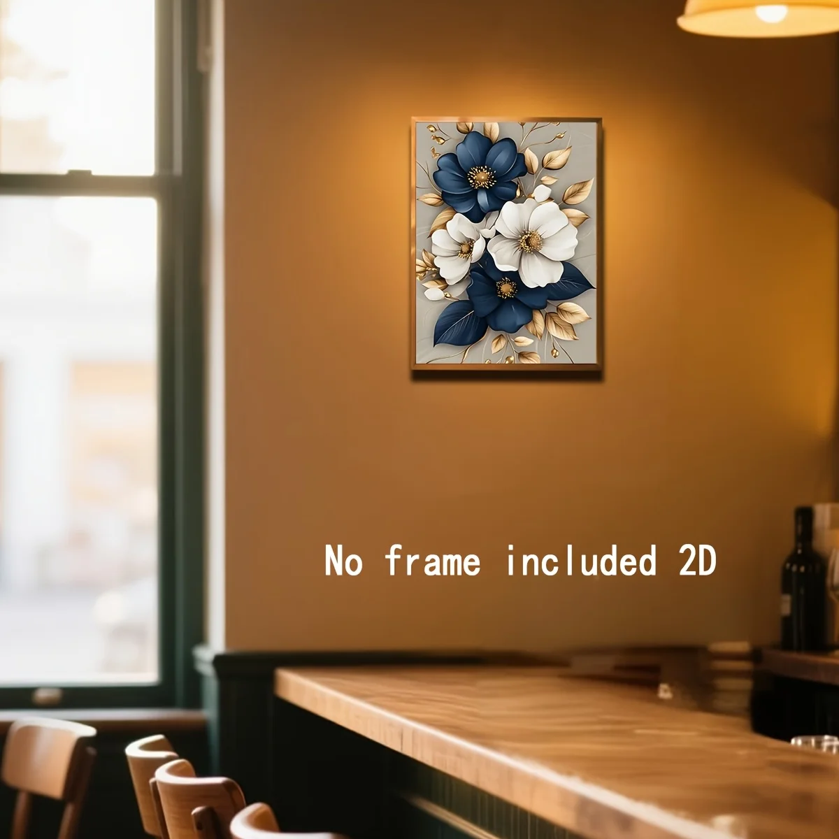 2D Flat, Posters & Prints2D FLAT Unframed Canvas Print, 1pc Elegant White and Navy Blue Bouquets with Golden Leaves, Family B