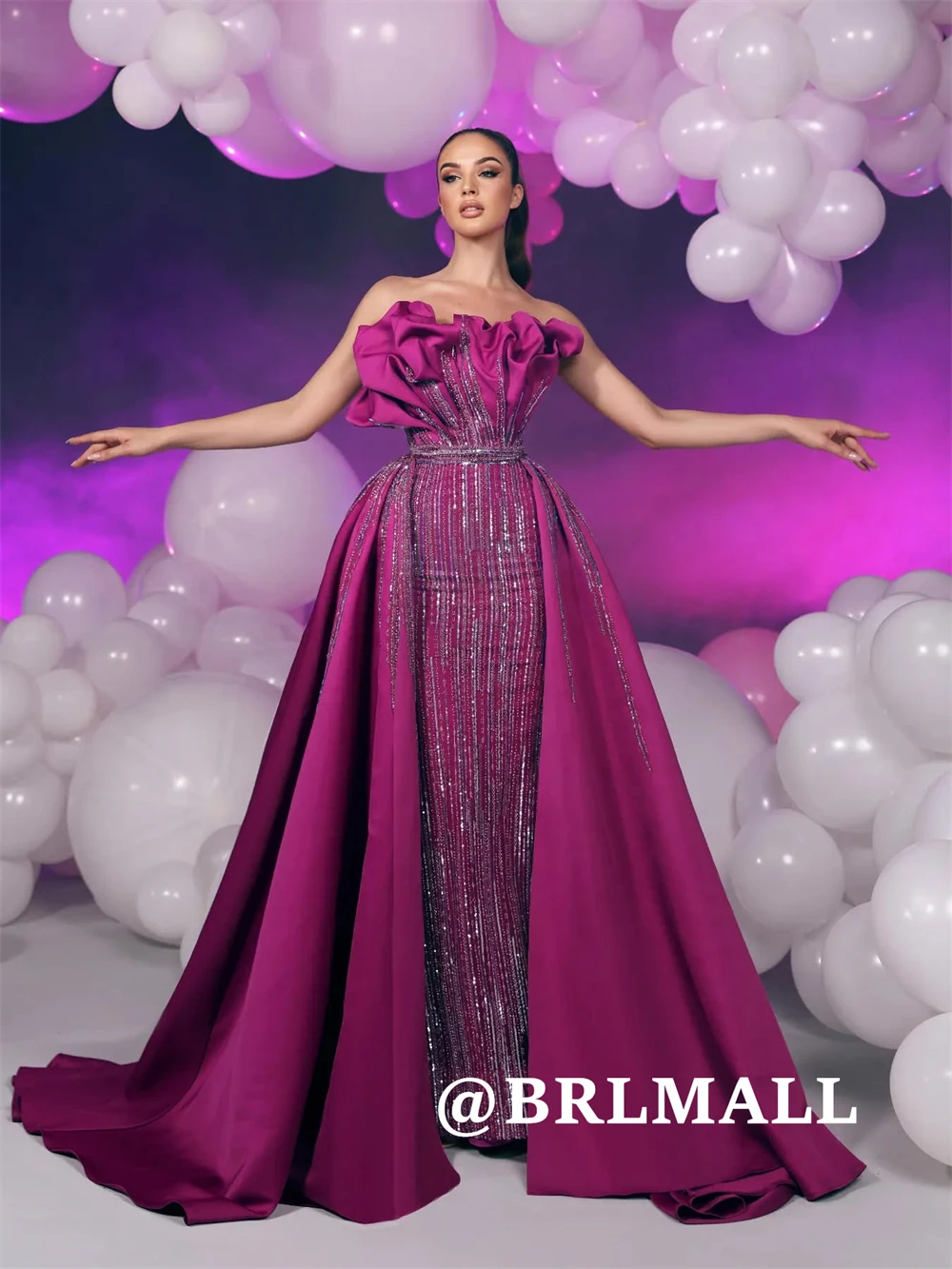 

BRLMALL Elegant Satin Evening Dress with Sequins Strapless Long Prom Dresses Removable Train Customized Colors Party Gowns