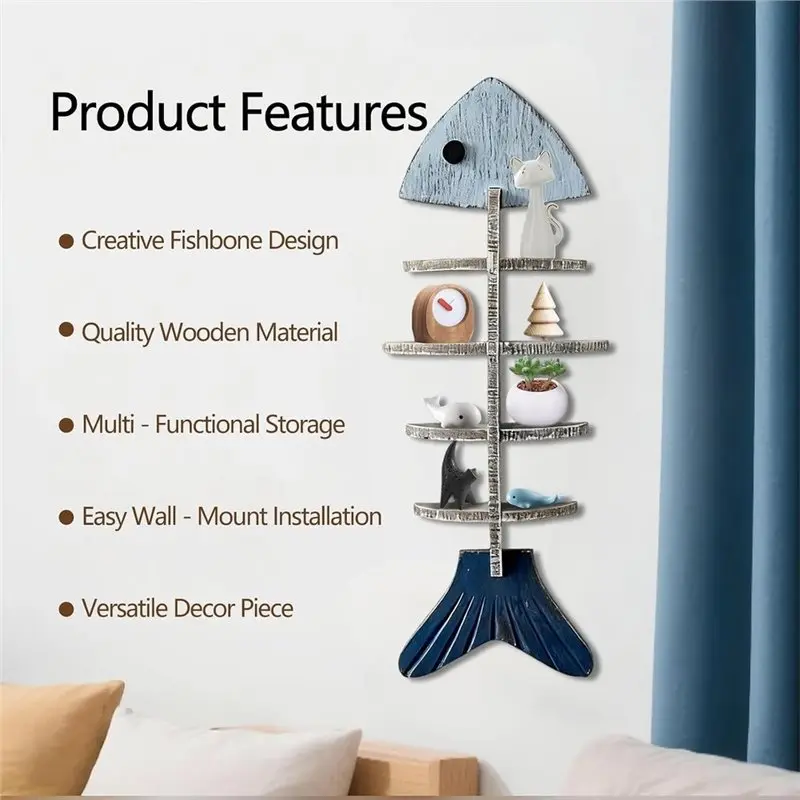 A84E-Wall Shelf Wooden Fish Nautical Coastal Bathroom Decor Display Shelf Beach Ocean Decoration