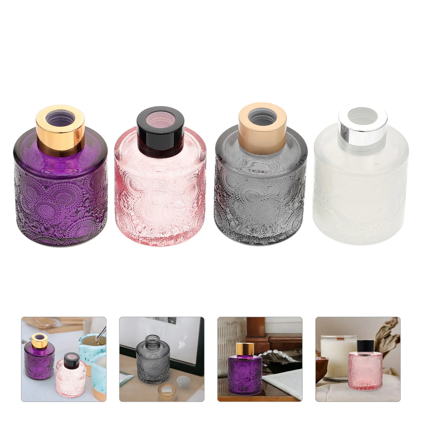 

4Pcs Embossed Glass Perfume Bottles Aroma Containers Wide Mouth Decorative Diffuser Containers for Bedroom Living Room Dried