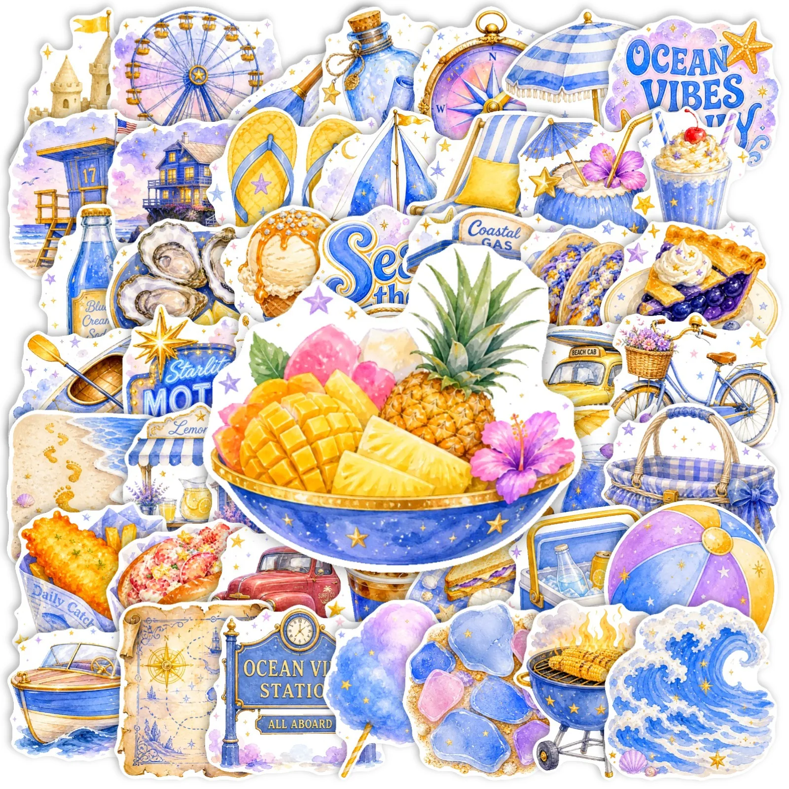 50Pcs Blue Ocean Beach Theme Stickers Marine Elements Vacation Decals Waterproof for Journal Scrapbooking DIY Decoration